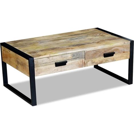 Table basse Table d'appoint pour Salon Chambre - avec 2 tiroirs Bois de manguier massif 100 x 60 x 40 cm BV794535 - BonneVie (1/5)