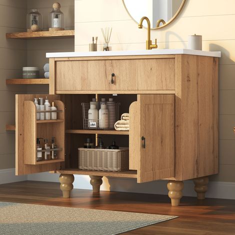 Meuble sous-vasque sur pied 81 cm avec lavabo en céramique, MDF, décor bois naturel REDOM (1/5)