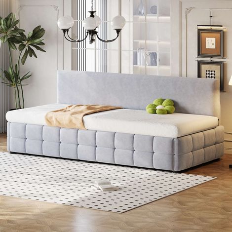 Lit banquette 90x200 cm en velours avec sommier à lattes inclus, coffre de rangement hydraulique, dossier rembourré sans accoudoirs, gris clair (1/5)
