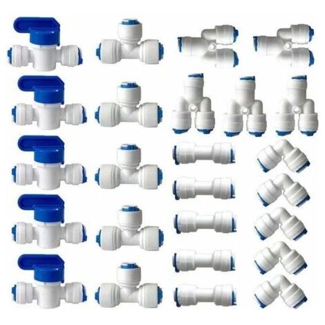 Raccord Osmoseur de filtre à eau, Raccord Droit 1/4" (6MM) Pushfit pour Tuyau de Filtre à Eau, Raccords pour Réfrigérateur Tubes de (Robinet Combiné de Type Y + T + I + L + Robinet d'Arrêt)25 pièces (1/5)