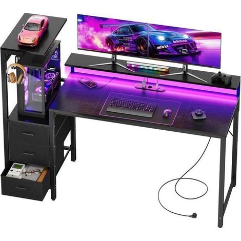EcoFurnix Bureau gaming avec LED 152 cm – Table ordinateur avec support écran, Étagère de rangement et tiroir en tissu – Noir