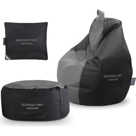 Pack Gamer Gris : Pouf Gamer PRO + Repose-pieds + Coussin HAPPERS Pack Gamer PRO Gris