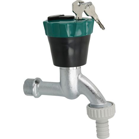 JS Valvola di erogazione, chiudibile a chiave con raccordo portagomma, DN15, cromo opaco, maniglia nero/verde, 0019301520001