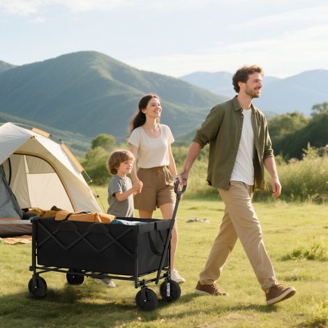 Noir - Chariot jardin 160L, 4 roues, acier et Oxford, pliable, sac extensible, poignée réglable, plage jardin, 95x55x102 cm