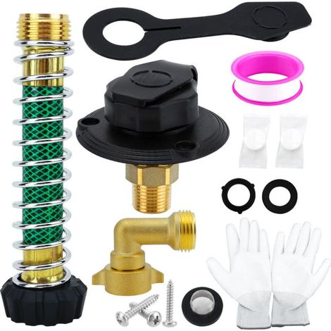 Bride d'entrée d'eau noire pour camping-car avec clapet anti-retour, raccord femelle 3/4 NH vers mâle 1/2 NPT, coude à 90°, bouchon anti-poussière et filtre (1/5)
