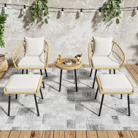 Ensemble jardin 4 places blanc et naturel en rotin avec coussins, table, chaises et tabourets (1/5)