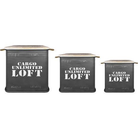 Set 3 Contenitori Grandi In Acciaio Cargo Unlimited Loft Pouf Sgabello Coperchio In Legno Vintage Sgabelli Militari Contenitore Metallo Antracite (1/5)