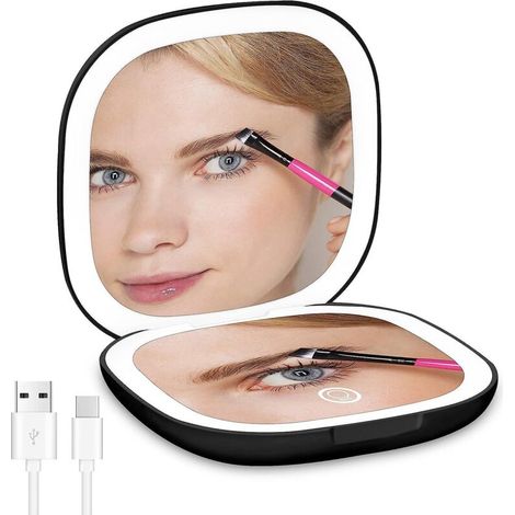 Wiederaufladbarer LED-Taschenkosmetikspiegel mit einstellbarer Helligkeit und Vergrößerung für Mädchen und Frauen (1/5)