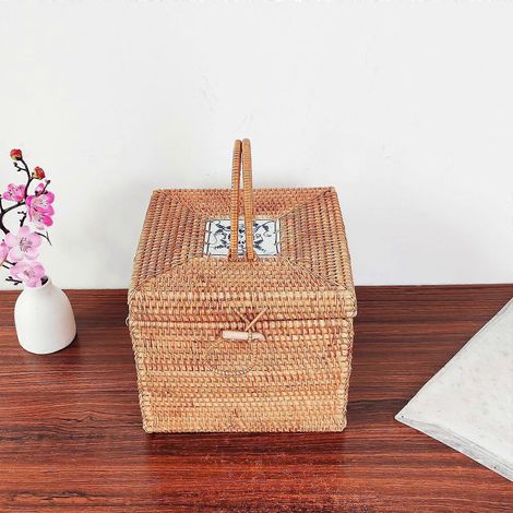 Panier de rangement avec couvercle, organisateur en rotin tressé, petits bacs carrés avec poignées (1/4)