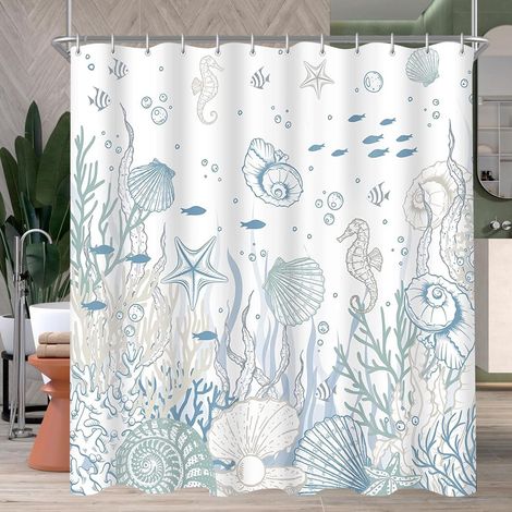 Rideau de douche anti-moisissure - Anneaux inclus - Motif fonds marins, déperlant, ourlet lesté - 1 pièce - Bleu (1/5)