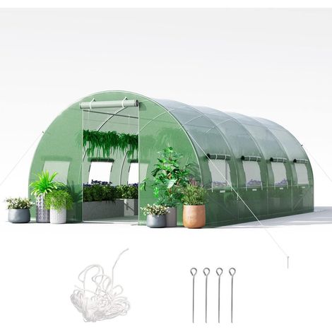 GOPLUS Serre de Jardin 6 x 3 x 2 m avec Châssis Métallique, Serres Extérieur avec Fenêtres & Porte, Serre en Film Plastique