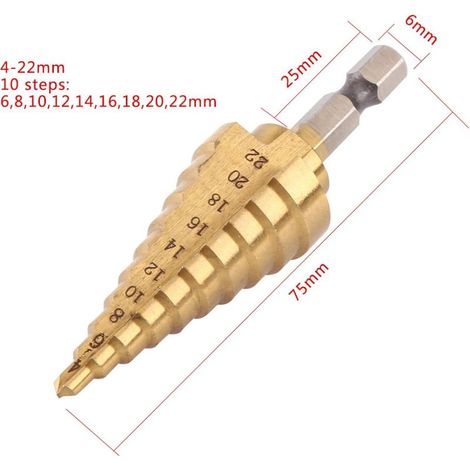 Foret a etage,Haute Vitesse En Acier Titanium Foret Etagé Cone Fraise Tige 4-22mm 10 étapes Rondes Shank Straight Flute Step Drill Cut Holes Tool Pour Visseuse Percage sur Acier Laiton Bois Plastique