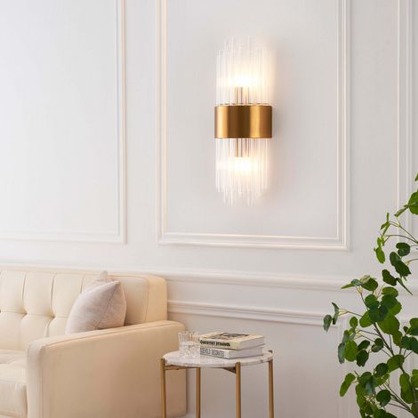 Kosilum – Applique murale art déco en métal doré et verre transparent – 52 cm de hauteur – Culot E14 – Éclairage doux et agréable