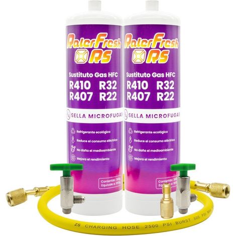 Lot de 2 bouteilles de gaz réfrigérant RALERFRESH RS, substitut aux gaz R410, R32, R407 et R22, plus clé, adaptateur et tuyau (1/5)