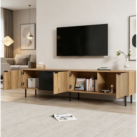 Meuble TV 208x40x48 cm pour salon, 2 tiroirs, 3 placards, passe-câbles, panneaux de particules noir et naturel (1/5)