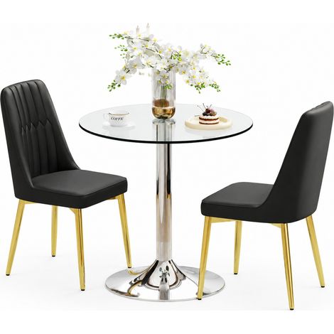 Essgruppe mit rundem Glastisch 85 cm und 2 PU-Esszimmerstühlen Schwarz Gold MODENUIT (1/5)