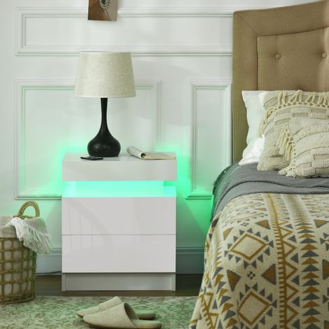 Table de chevet table de nuit lumière LED RVB panneau haute brillance avec 2 tiroirs pour salon chambre à coucher blanc