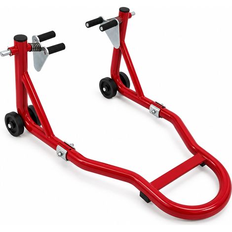 Relaxdays Cavalletto moto max 450 kg, ruota posteriore, 4 rotelle, supporto a L 230-290 mm, HxLxP: 34,5x52x76 cm, rosso (1/5)