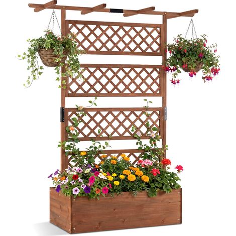Jardinière avec Treillis en Bois, Jardiniere Exterieur Grande Taille avec Trous de Drainage, Bac à Fleurs Surélevé, 97 x 52 x 27 CM, Marron (1/5)