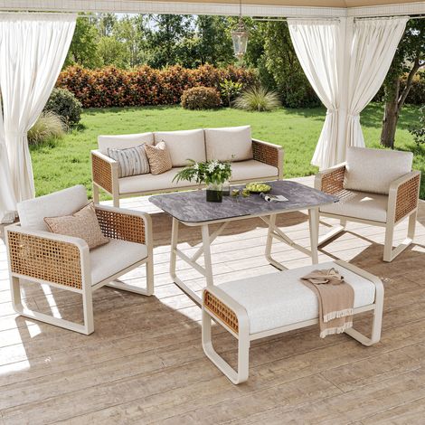 Set de mobilier de jardin modulaire (2 fauteuils + 1 sofa 3 places + 1 banquette + table), PE-rattan, UV-résistant, polyester (1/5)