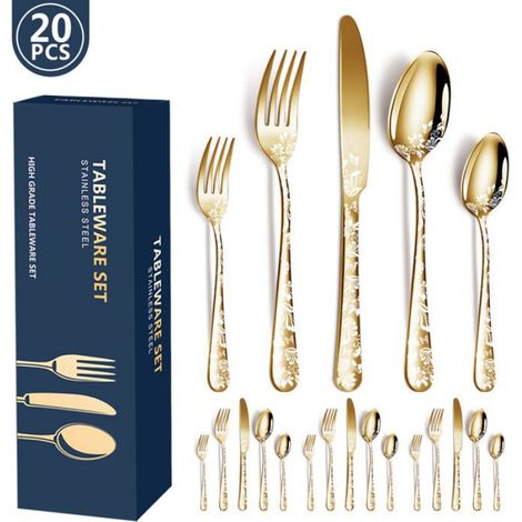Ménagère 20 pièces en acier inoxydable, comprenant couteau, fourchette et cuillère – pour 5 personnes, couleur or (1/5)