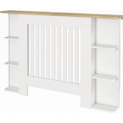 Cache-radiateur étagères rangement ouvertes bois lattes, 124x19x83 cm, blanc (1/5)