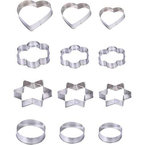 12PCS Cookie Cutters Shapes Baking Set, Stainless Steel Shapes Including Round, Heart, Star, and Flower, Metal Molds Cutters for Making Biscuits, Cakes, Pastries and Icing(Silver)