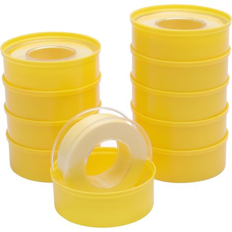 Cinta de teflón para fontanería de gas y agua, paquete de 10 unidades, 18 mm x 0,2 mm x 20 m, cinta de sellado de teflón PTFE con caja, rango de temperatura de -190 °C a 260 °C, color amarillo. (1/5)