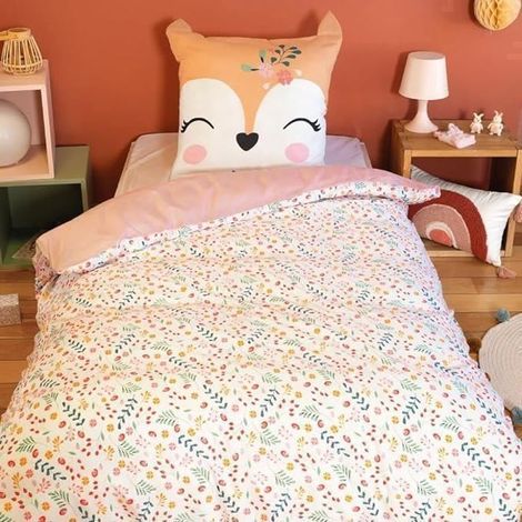Parure de lit 140x200 cm Enfant - Housse de Couette + 1 Taie d'oreiller 63x63 cm Motif imprimé biche Rose et Bleu – en Microfibre