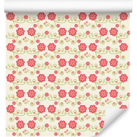 Papier peint fleuri crème, corail et blanc pour salon et chambre 50x1000 cm (1/5)