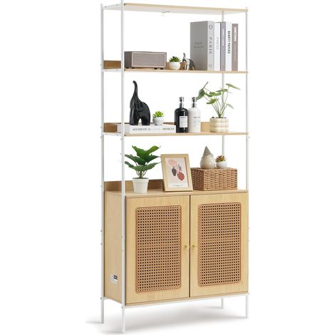 VEVOR Rattan Bookshelf, Ladder Shelf with 2 Doors, Rectangle Freestanding Open Storage Bookcase Rack Organizer, Storage Display Shelves Ideal for Library, Meeting Room, Office, Study, Natural (1/5)