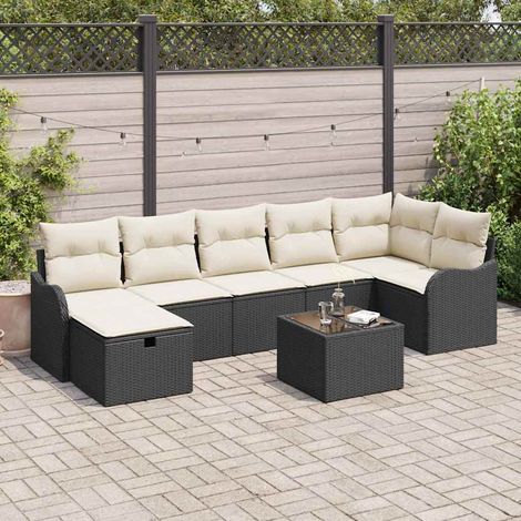 Ensemble de Jardin 9 Pièces Modulaire en Polyrotin Noir avec Coussins  Bancs et Fauteuils avec Rangement Intégré et Table (1/5)
