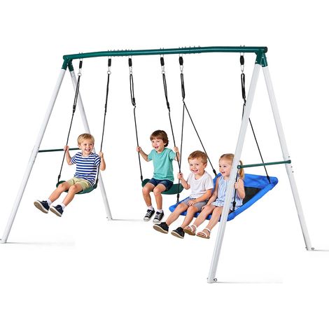 VEVOR Kit Balancoire de Jardin 318 kg, Portique Balancoire avec 3 Sieges, pour Arriere-cour Aire de Jeux Exterieur, Trapeze Metallique Solide en Forme de A, Stable avec Ancrages de Sol en Spirale