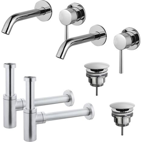 FugaFlow Eccelente Sobrado Slim Kit robinet lavabo - pour double vasque - robinet rehaussé - bonde non-obturable - siphon design - Chrome brillant (1/4)