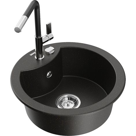 Mexen Diego fregadero de granito de 1 compartimento con grifo de cocina Flora, negro/dorado met谩lico - 6512-75-670401-07 (1/5)
