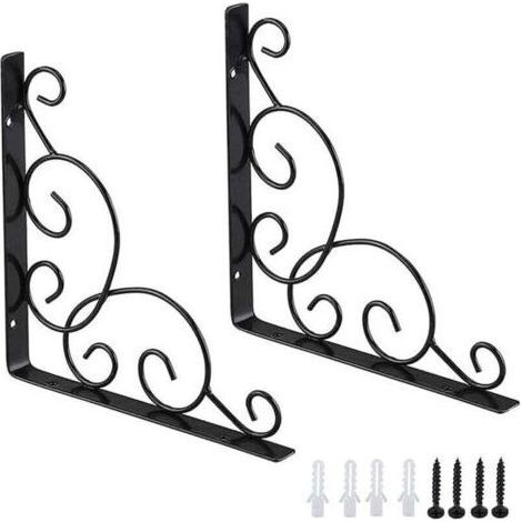 Equerre D'étagere en Fer Forgé, 2 Pièces Équerres pour Étagère de Jardin, Équerre pour Étagere Murale en Fer, Équerre de Support D'étagère, pour Cuisine Salle de Bain Bureau Restaurant (Noir) (1/5)