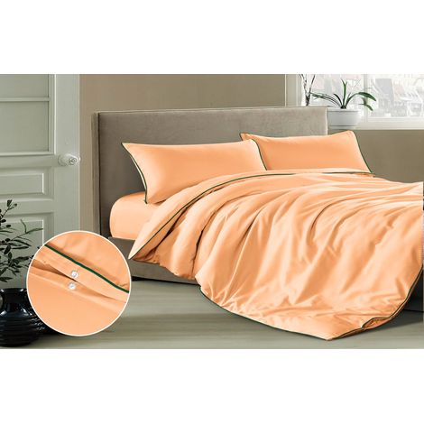 Parure de lit Basic 160x200 abricot passepoil vert bouteille (1/5)