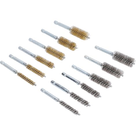 Jeu de 12 brosses métalliques torsadées pour nettoyage, alésages internes de tailles variées, queue hexagonale 1/4 pouce, compatibles perceuses et visseuses à choc, longueur 10 cm (8, 10, 12, 15, 17, (1/5)