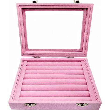 Boîte de rangement en verre velours pour bijoux, idéale pour les bagues et les boucles d'oreilles – boîte de rangement pour bijoux de femmes et de filles (rose) (1/5)