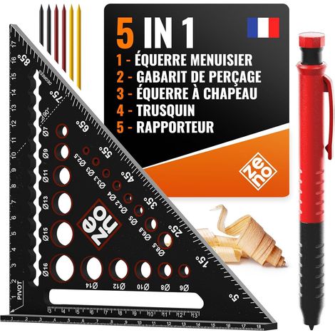 Equerre de Menuisier 180 mm - Outil 5 en 1 - Rapporteur Règle Trusquin (1/5)