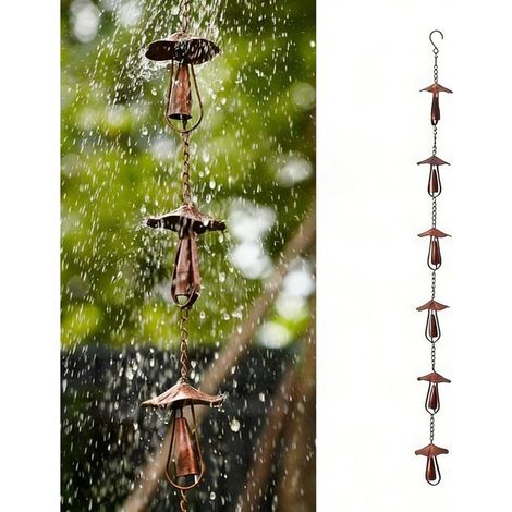 Chaîne de pluie en cuivre - KAGOLOW - Déviateur de gouttière en métal - 130 cm - 6 décorations en forme de champignon (1/5)