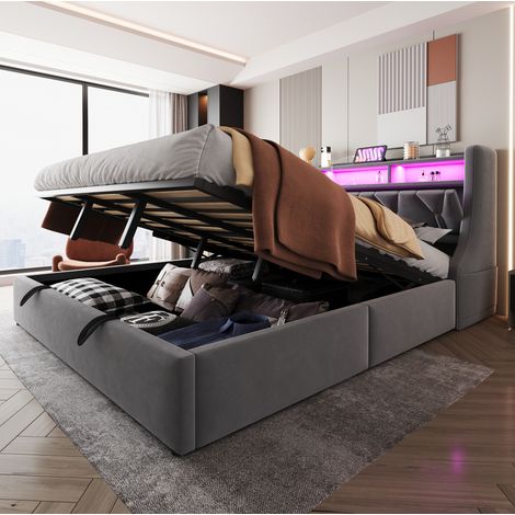 Letto contenitore 180x200 cm con testiera sollevabile, LED e presa USB/Type-C, grigio DESVIAE (1/5)