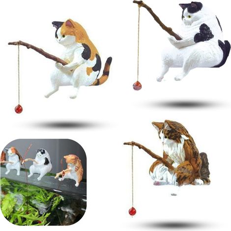 3 figurines mignonnes de chat pêcheur décoration d'aquarium, ornements de statue de chat perché sur le bord flottant, décor amusant de paysage sous-marin pour réservoir de poissons betta et crevettes (1/5)