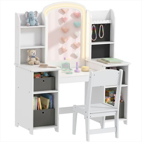 Lit enfant coiffeuse avec miroir LED et tabouret blanc MDF (1/5)