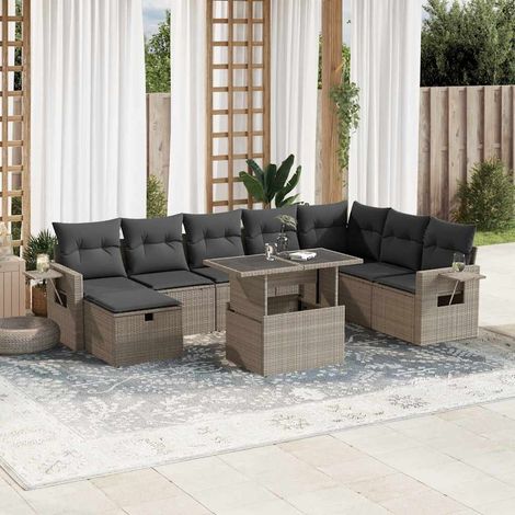 Set muebles jardín 9 pzas y cojines ratán sintético gris claro vidaXL (1/5)