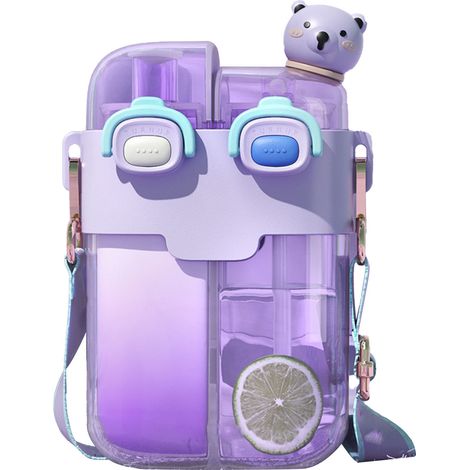 Gourde Kawaii tendance en plastique, double gourde avec paille et sangle ajustable, idéale pour le sport et les voyages en extérieur, couleur lavande et violet, 780 ml (1/5)
