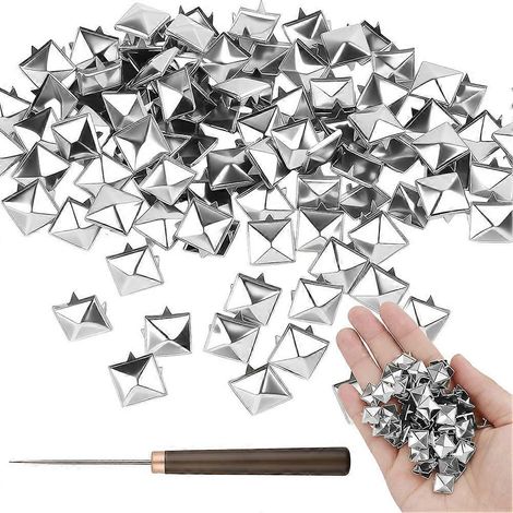 Lot de 100 clous pyramidaux carrés de 10 mm, rivets à pointe métallique avec manche en bois et outil en forme d'alène pour vêtements punk rock. (1/5)