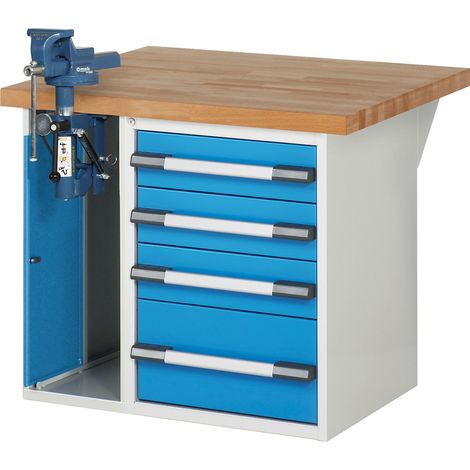 Établi modulable 1000mm – Plateau hêtre massif 1000kg – 4 tiroirs 90% d'ouverture – Hauteur 890mm – Pince-étau incluse – Eurokraftpro
