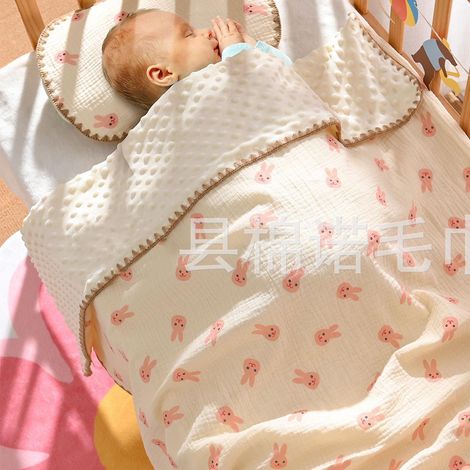 Babydecke mit gepunkteter Rückseite, niedlichem Aufdruck, atmungsaktiv, weich, erfrischend, für Vorschulkinder, rosa Häschen. (1/5)