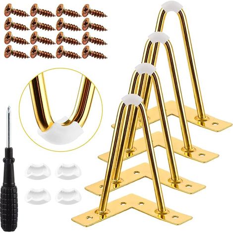 MIVIDE Lot de 4 Pieds de Table en Épingle à Cheveux 15 cm, Pied de Epingle en Métal Doré, Pied de Table Basse 15 cm de Hauteur avec Protection de Sol pour Canapé, Meubles (1/5)
